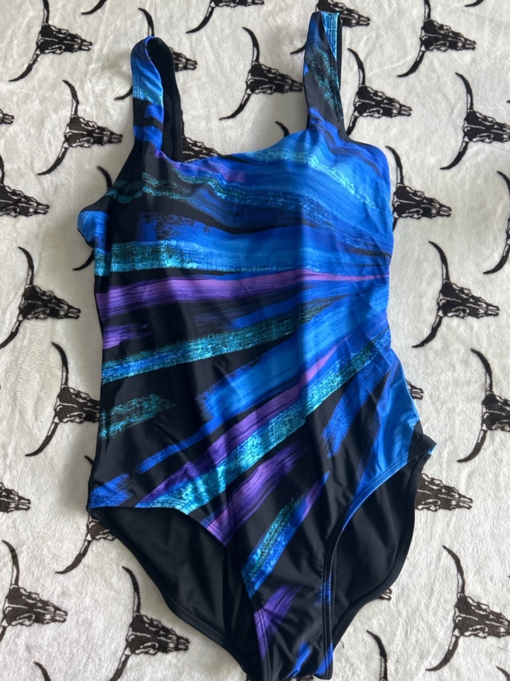 Women’s Size 12 Blue Purple Black Abstract One Piece Swimsuit